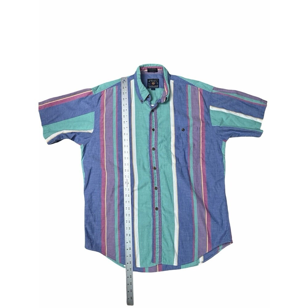 Vintage 90s Chaps Ralph Lauren Shirt L Men Color Striped Short Sleeve Crest Logo - Picture 6 of 9
